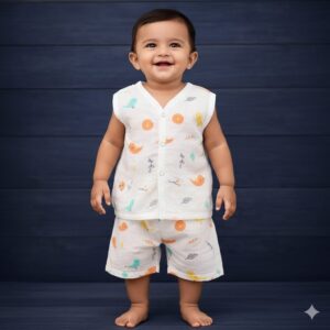 100% Cotton Muslin | Jabla Button with shorts (3-6 Month)